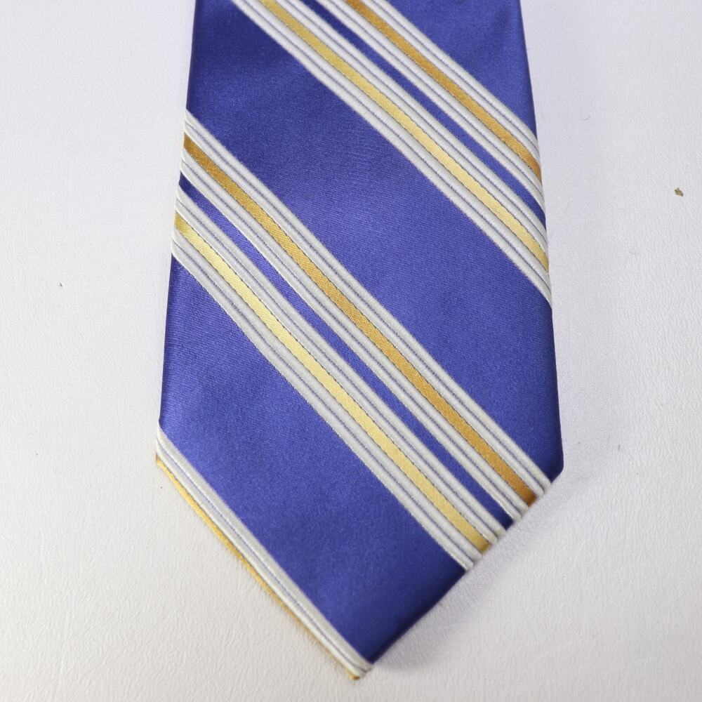 Vtg Eagle Shirtmakers Tie Men Silk Royal Blue Gold White Diagonal Striped Wide